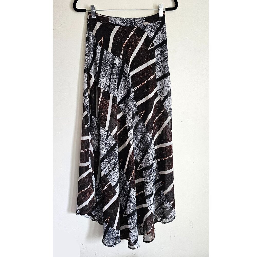 ASTR Casual A-Line Flyaway Sheer Lined Long Maxi Skirt, S, Brown, Black, White
